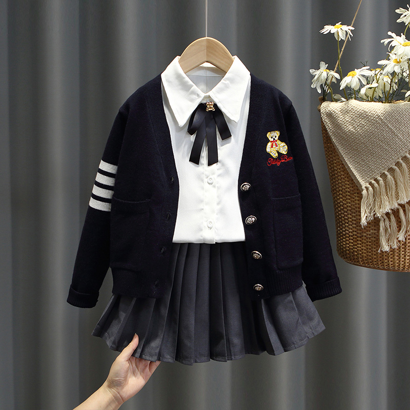 女童学院风百褶裙三件套2023年新款春秋装宝宝洋气JK制服休闲套装