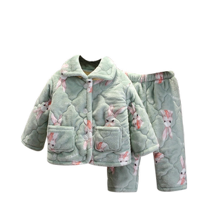 儿童加厚睡衣套装冬装宝宝三层夹棉珊瑚绒家居服女童外穿棉袄棉裤