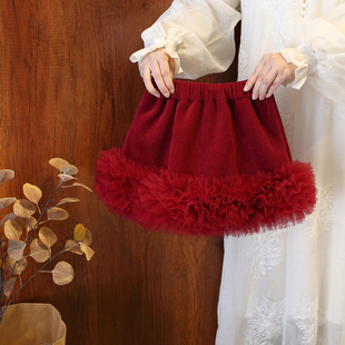 女童2025冬季新款加绒加厚网纱蓬蓬半身裙一体绒短裙洋气时髦裙子