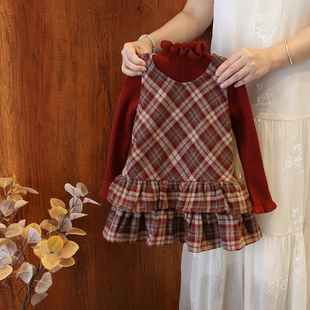 女童秋冬套装 儿童洋气时髦毛衣打底宝宝格子连衣裙两件套 2025新款