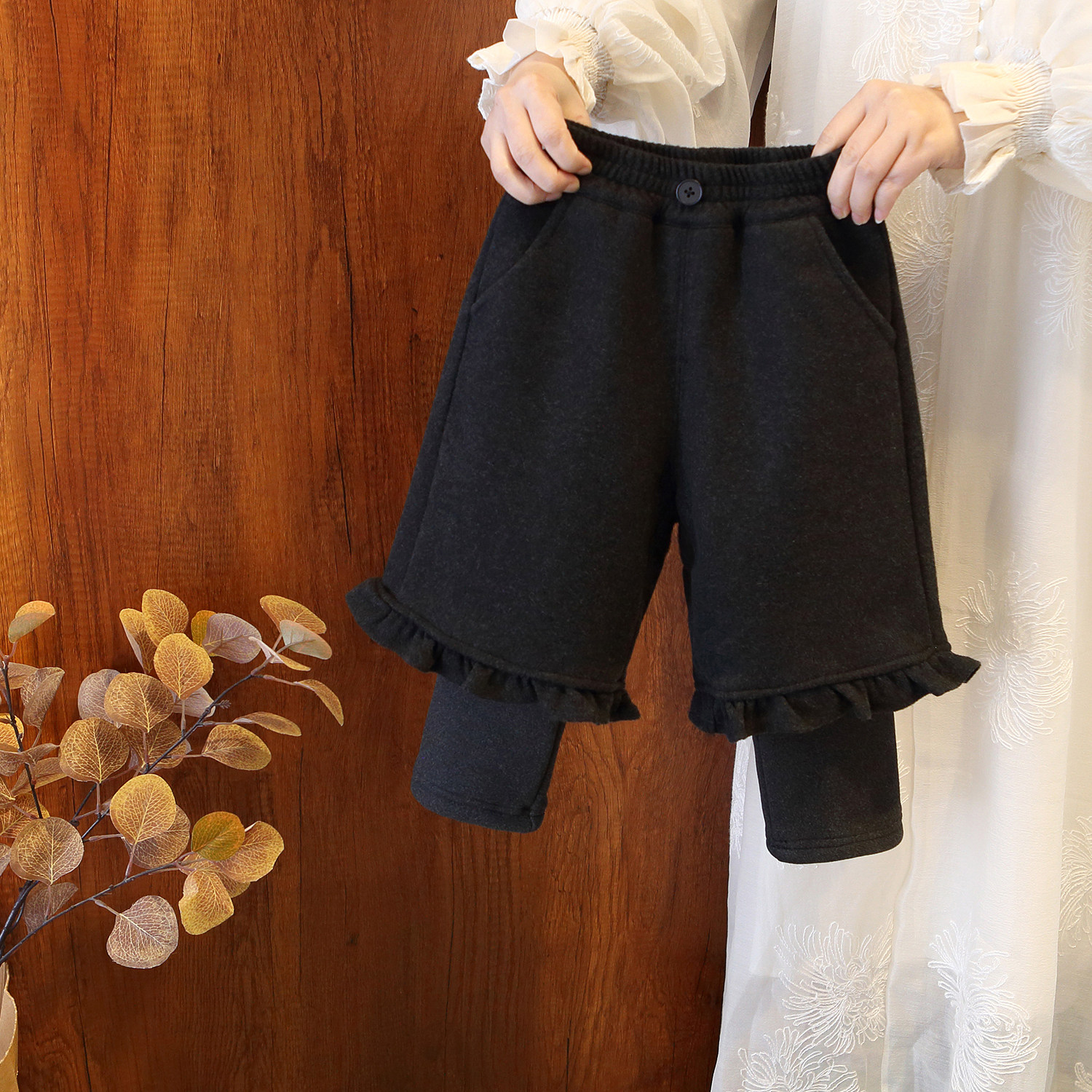 女童加绒加厚靴裤冬装新款儿童葵花绒假两件打底裤直筒裤宝宝棉裤