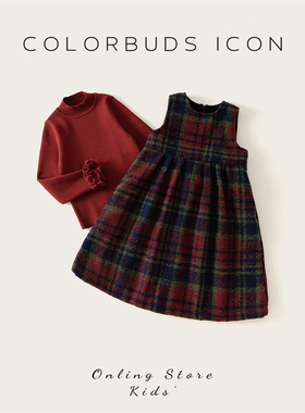 女童格子背心裙2024冬季新款加绒连衣裙儿童红色毛衣公主裙套装