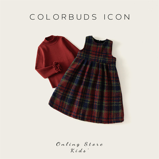 加绒连衣裙儿童红色毛衣公主裙套装 女童格子背心裙2024冬季 新款