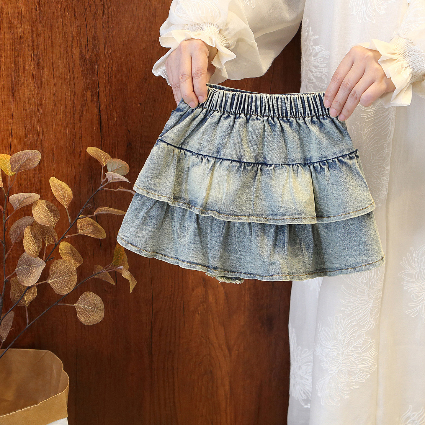 女童2026春秋新款复古牛仔蛋糕裙女宝宝荷叶边半身裙百搭A字短裙