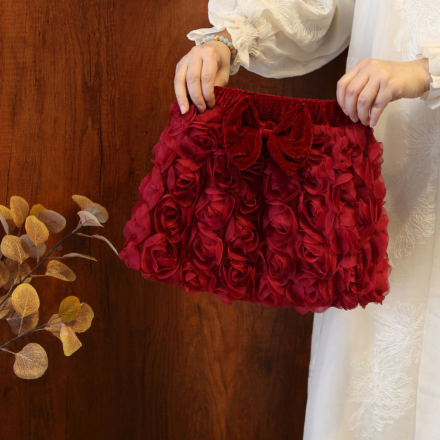 女童秋冬加厚甜美立体玫瑰花半身裙女红色蓬蓬公主裙洋气半身短裙