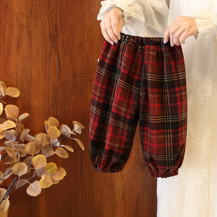 婴幼儿加绒裤子2025秋冬新款儿童格子休闲裤女童红色新年保暖长裤