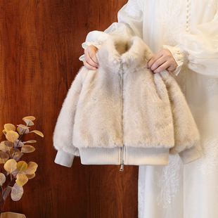 女童仿皮草外套秋冬加绒加厚保暖立领时尚百搭女宝宝毛绒上衣外套