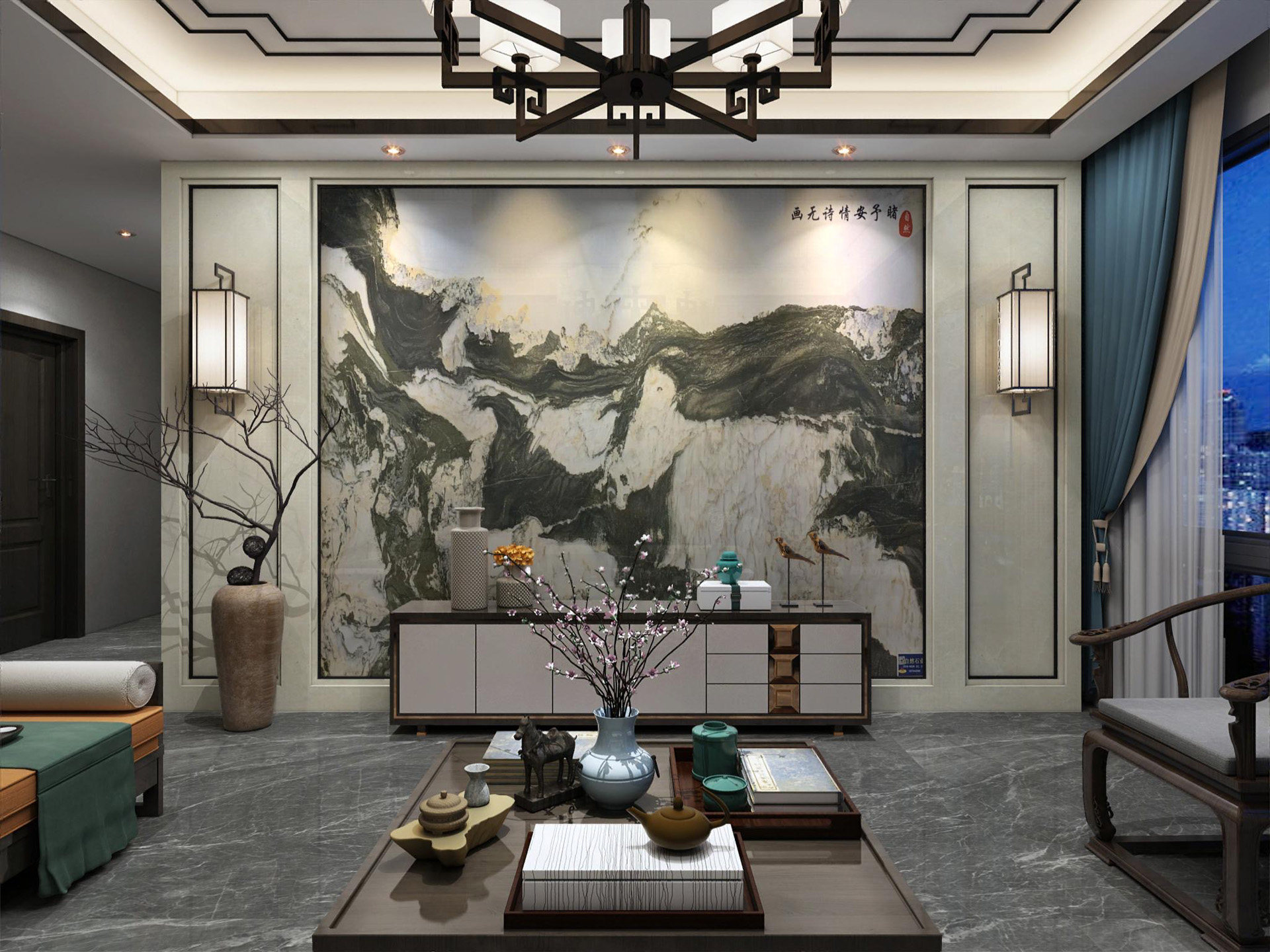 天然大理石山水画汉白玉石材电视背景墙奢石全屋家居定制酒店背景