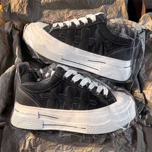 王鹤棣卓沅同款重奏黑色梅花厚底男女鞋2026新款增高休闲帆布鞋潮