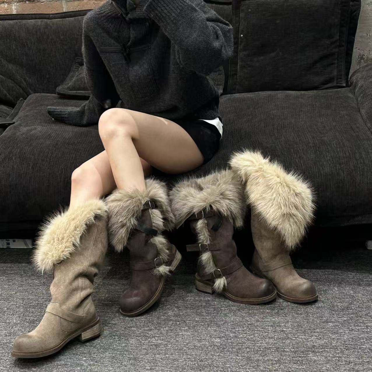 时髦百搭长靴女乌托邦冬季新款户外真皮长筒骑士靴两穿加绒保暖靴