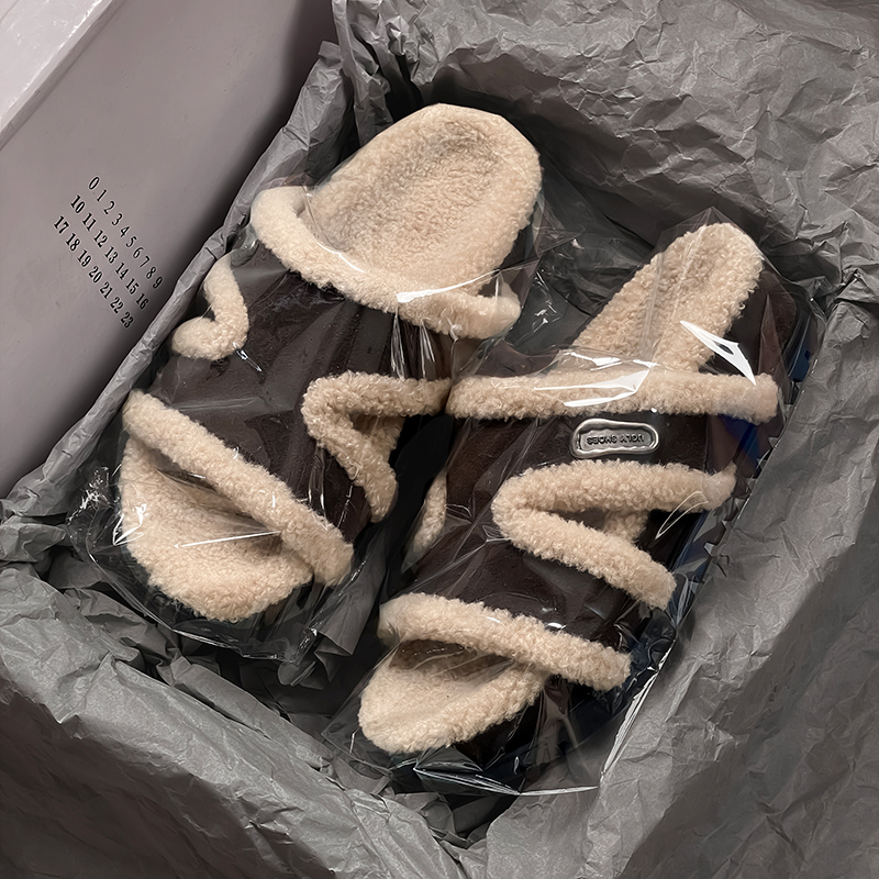 羊羔绒毛毛鞋女外穿2025新款冬季加绒厚底勃肯拖鞋露趾防滑一字拖