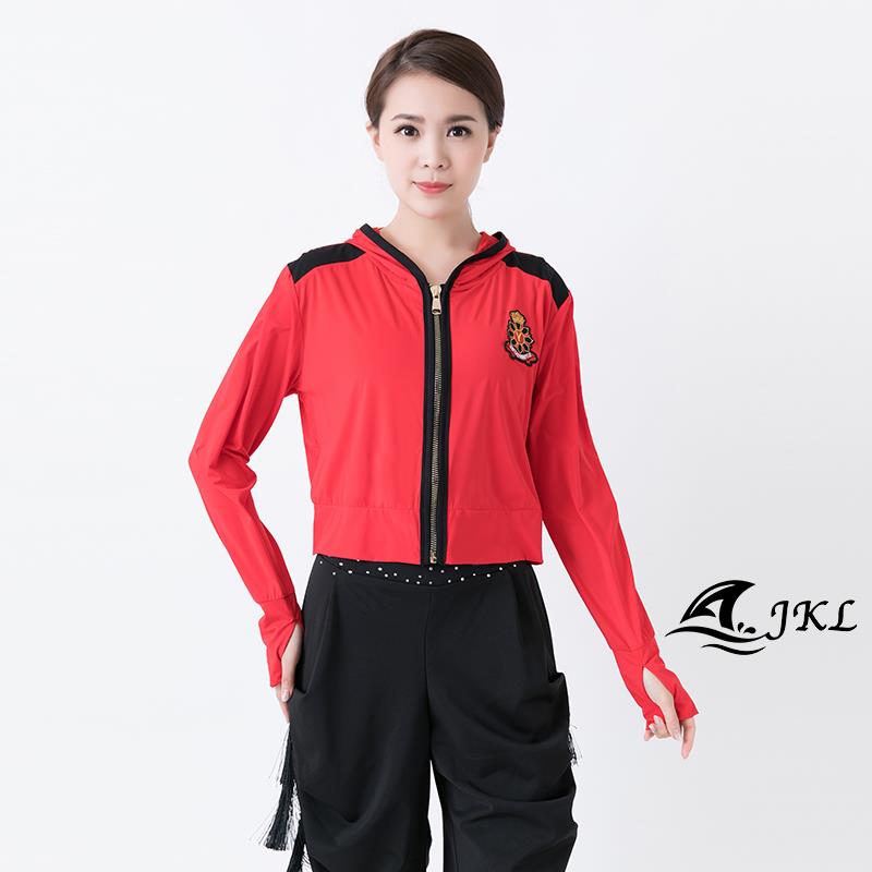 水兵舞服装女夏季红色拉链帽衫防晒服广场舞新款演出服黑长袖上衣