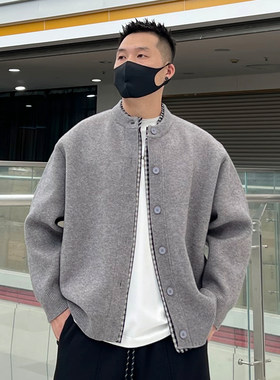 假两件灰色针织开衫毛线衣慵懒风