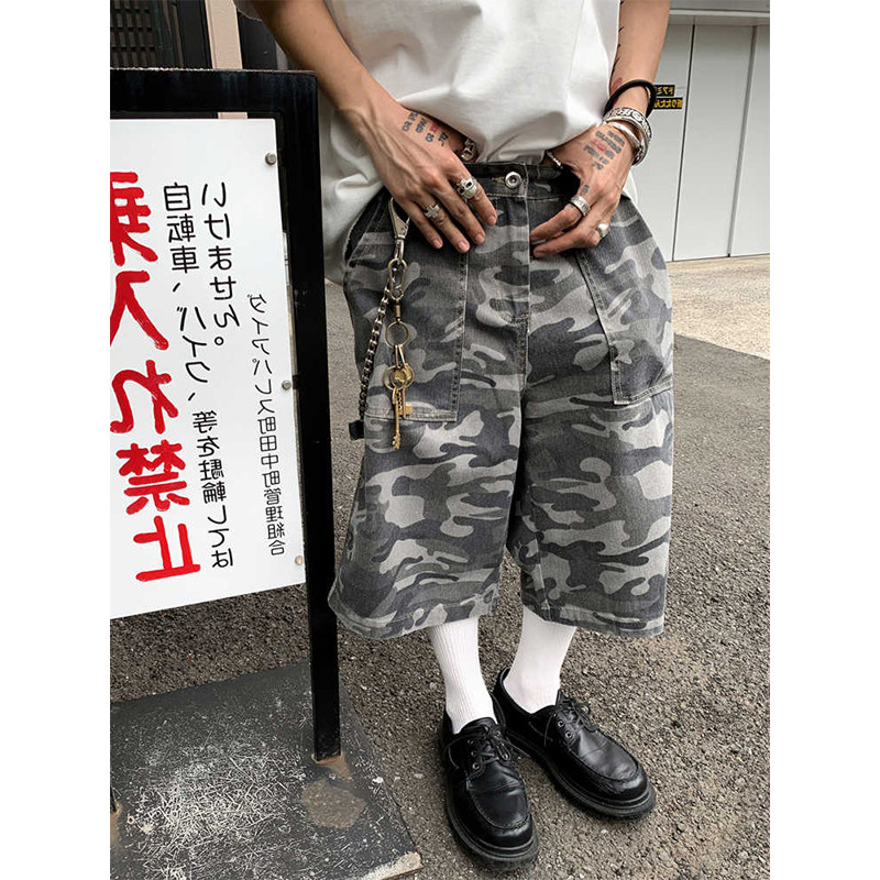 复古迷彩多口袋工装七分牛仔裤图片