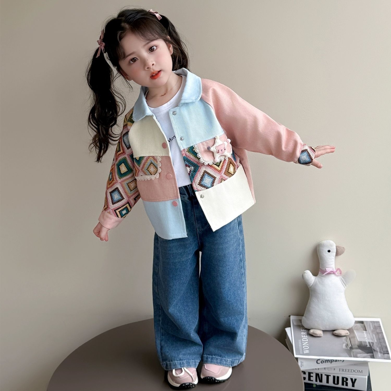女童春秋薄款棒球服儿童网红时髦拼色秋季外套小女孩网红秋装上衣