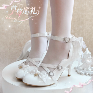 夹lo鞋 草莓巡礼芝士芒芒物语Lolita原创刺绣蝴蝶结鞋 全款