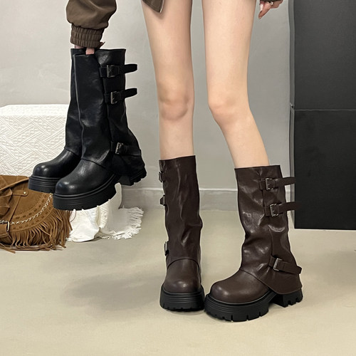 秋冬季厚底增高马丁靴女鞋2026秋新款西部牛仔堆堆靴裤管靴0913z