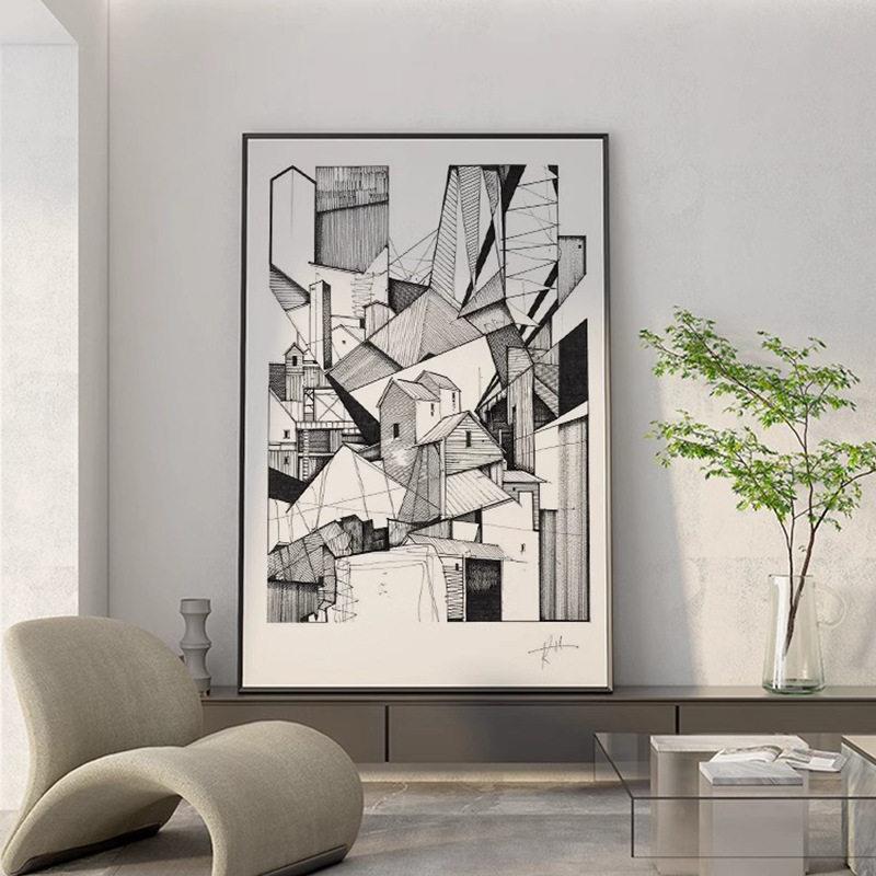 新款直销黑白艺术玄关装饰画现轻奢抽象建筑客厅餐厅背景墙壁画过