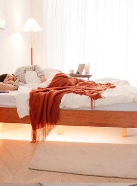 新款直销全实木榻榻米床复古风樱桃木无床头床靠背地台床架矮床离