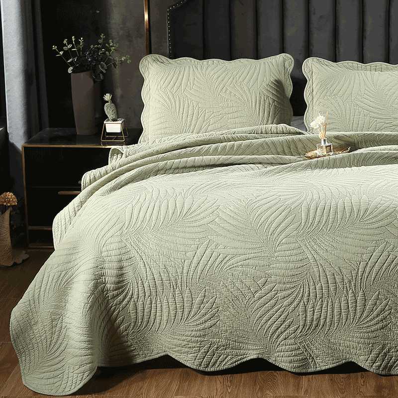 新款直销外贸三件套床盖豆绿色芭蕉叶绗缝被夏凉被榻榻米床垫8