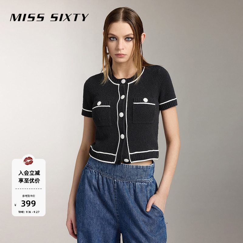 Miss Sixty针织外套女法式小香风撞色短袖开衫高级感图片