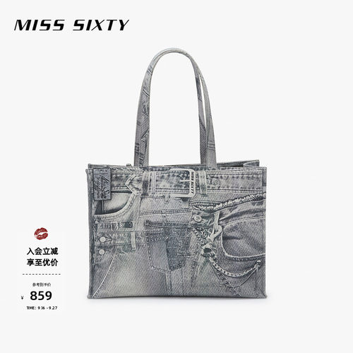 Miss Sixty春秋托特包女复古皮牌帆布牛仔印花设计感单肩包