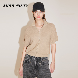 Miss 上衣 Sixty春秋毛针织外套女复古休闲气质拉链翻领口袋短袖