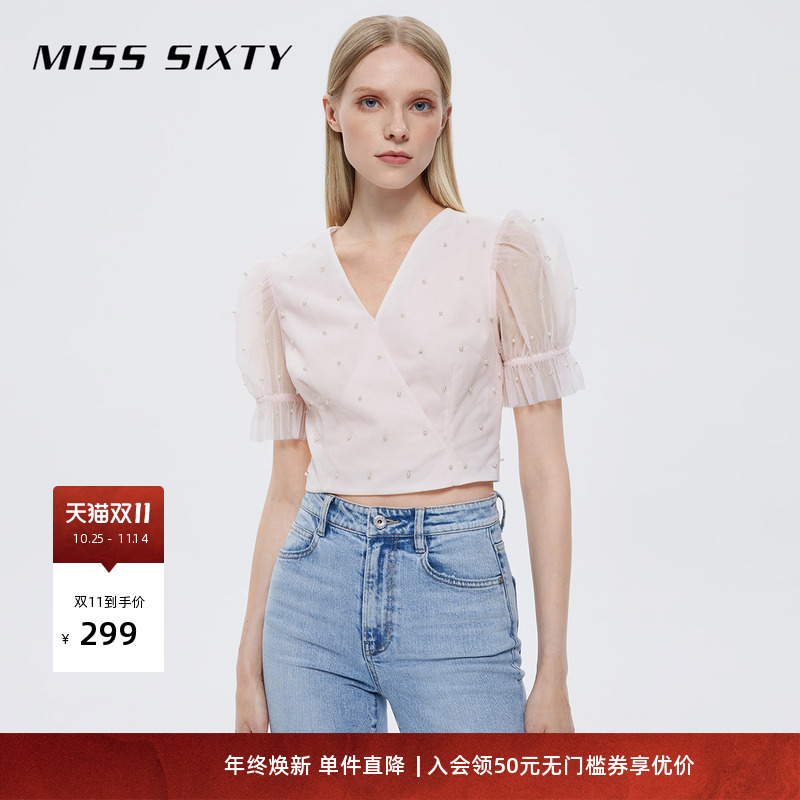 Miss Sixty短袖衬衫女珍珠网纱V领短款甜美浪漫