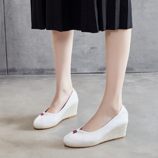 布语堂手工缝制艾草布鞋厚底增高女鞋白色坡跟休闲鞋单鞋防滑耐磨