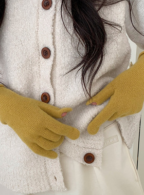 纯色羊毛针织毛线分指五指短手套女生黄色冬季露二指可触屏