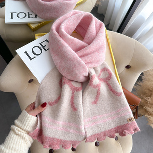 粉色蝴蝶结可爱甜美软妹针织毛线厚围巾女学生秋冬季短小护颈围脖