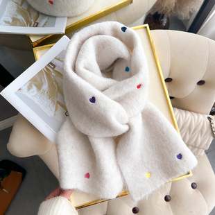 爱心刺绣针织毛线日系围巾可爱少女学生奶白色秋冬季护颈短小围脖