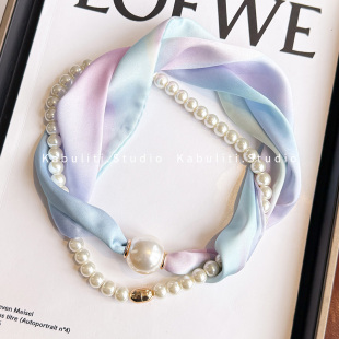 渐变磁吸扣珍珠项链窄小长条丝巾女护颈系脖围脖子搭配衬衫 薄围巾