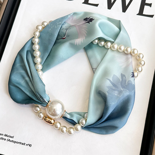 中国风磁吸扣围巾小长条珍珠丝巾女春秋夏季 薄围巾 护颈围脖子衬衫