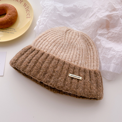 拼色针织毛线帽子男女生情侣秋冬季护耳宽松包头贴布标显脸小冷帽