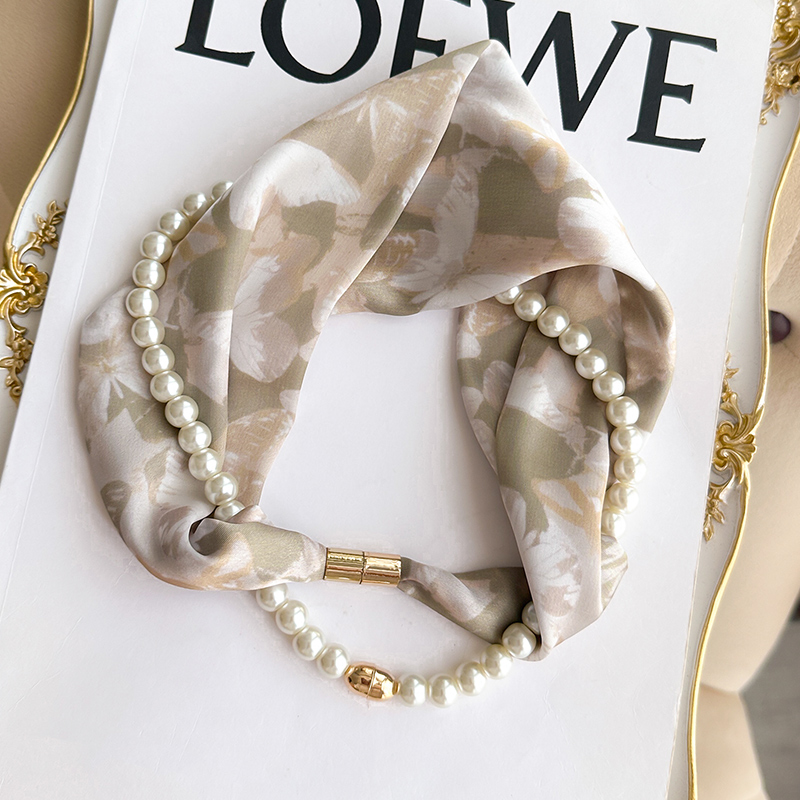 珍珠项链磁吸扣窄小丝巾女春秋夏季护颈围脖子搭配衬衫旗袍薄围巾