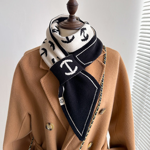 针织毛线交叉短小围巾女春秋冬季黑白丝巾妈妈配大衣护颈椎围脖子