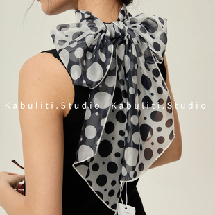 黑白波点小长条丝巾女腰带发带护颈围脖子搭配衬衫领带薄纱巾围巾