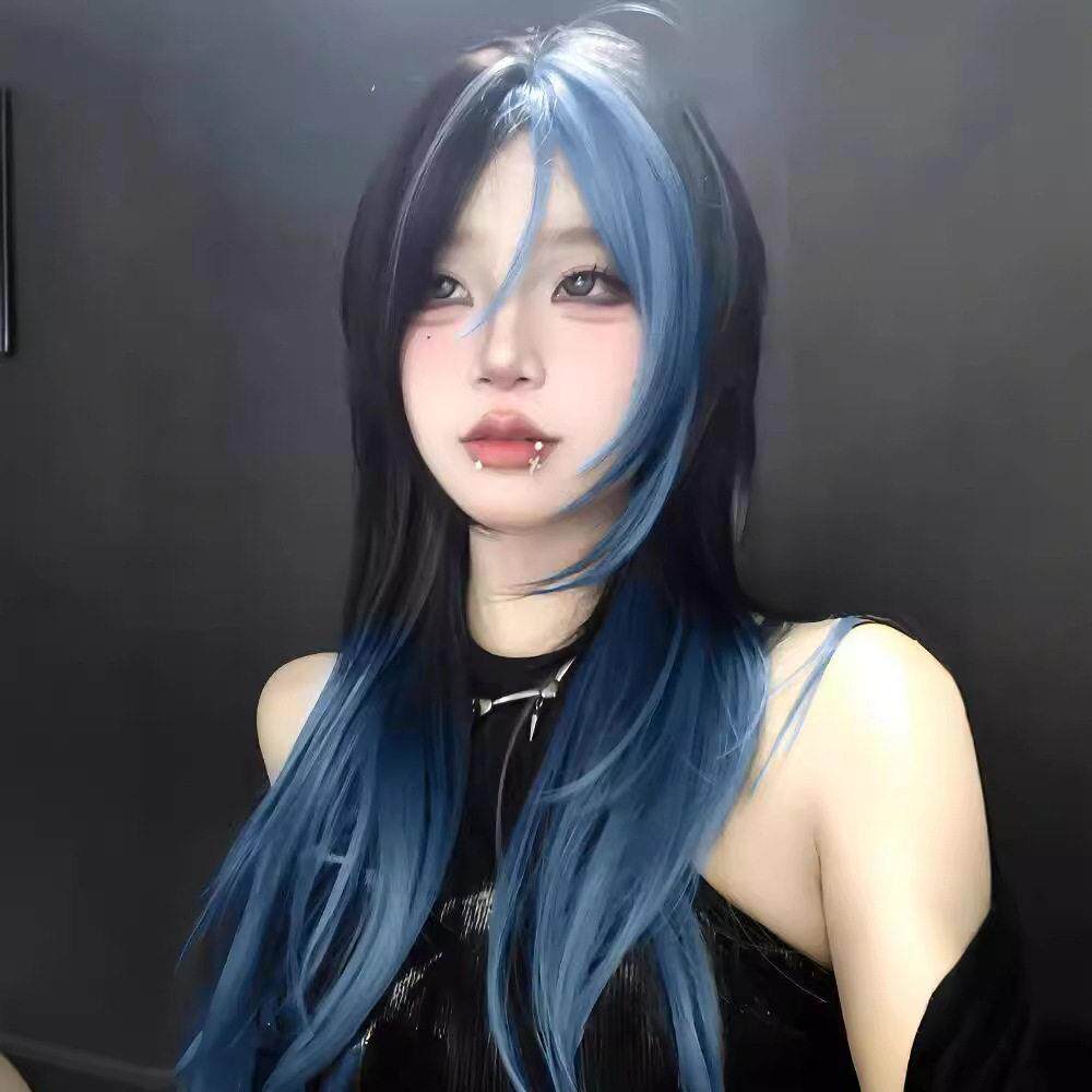 新款直销前额蕾丝假发女长发自然全头套式个性蓝挑染黑色中分长直