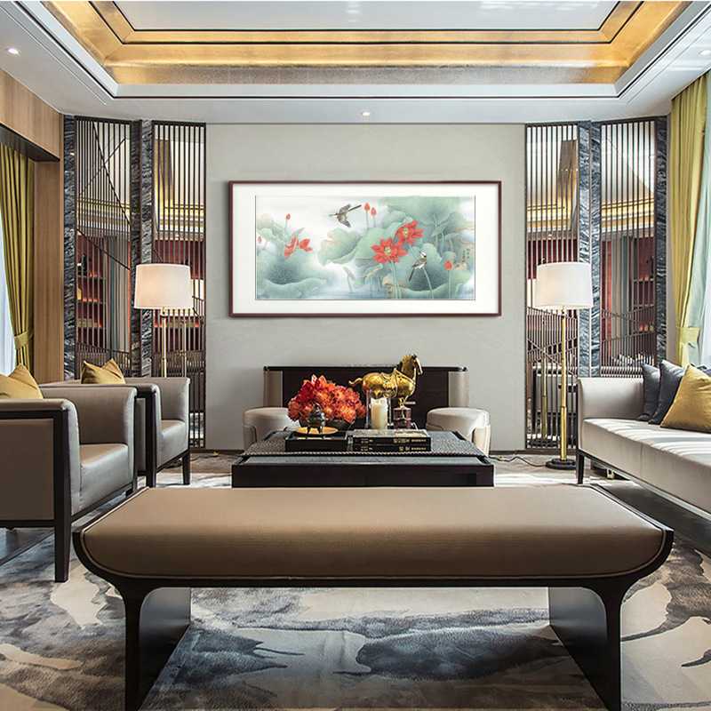 新款直销现代装饰画董希源四尺红荷花鸟微喷画心客厅横款宣纸工笔图片