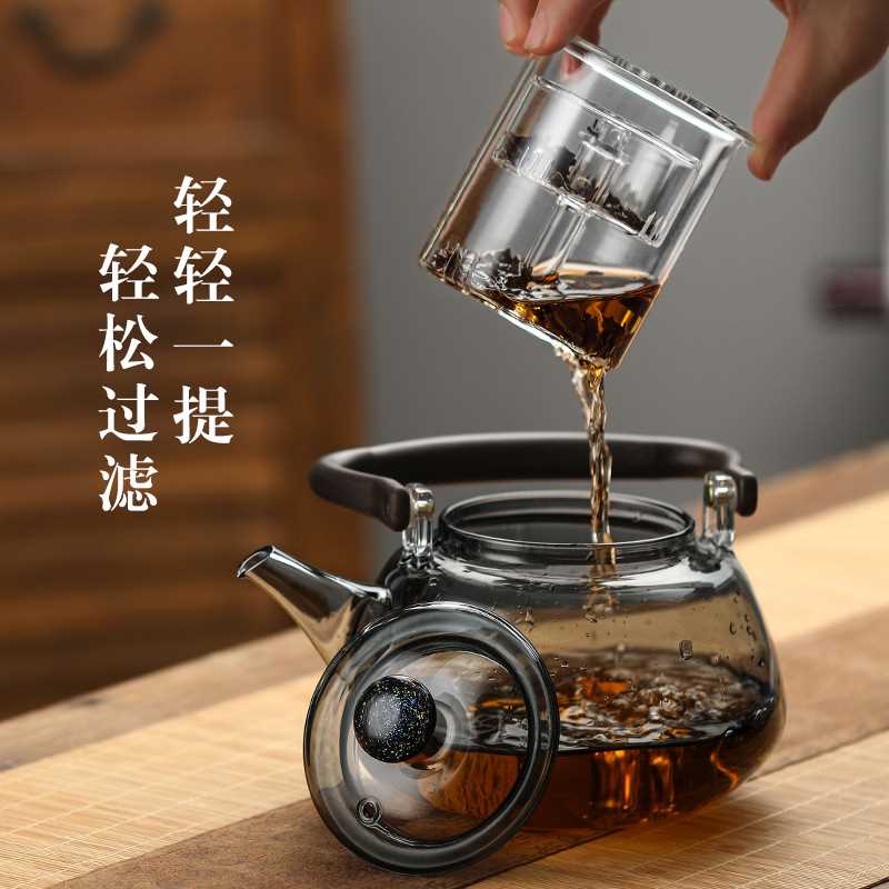 新款直销日式玻璃茶壶电陶炉双内胆耐高温大容量家用竹把提梁壶烧