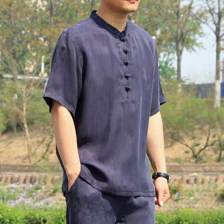 中式男式丝绸缎半袖上衣t大码真丝唐装复古宽松铜氨丝短袖T恤衫男在类目 男装, 民族服装中 - 来自Buy2taobao.com提供专业的淘宝代购服务