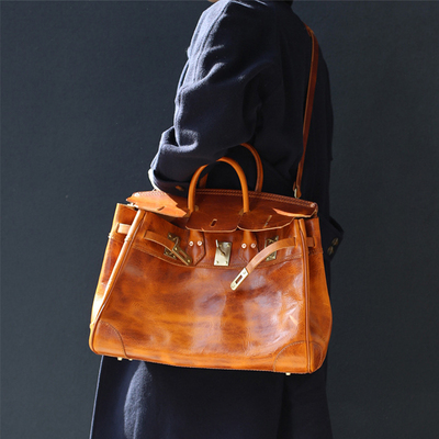 头层牛皮女士铂金包 意大利进口4.0重油植鞣皮美式复古女手提斜跨