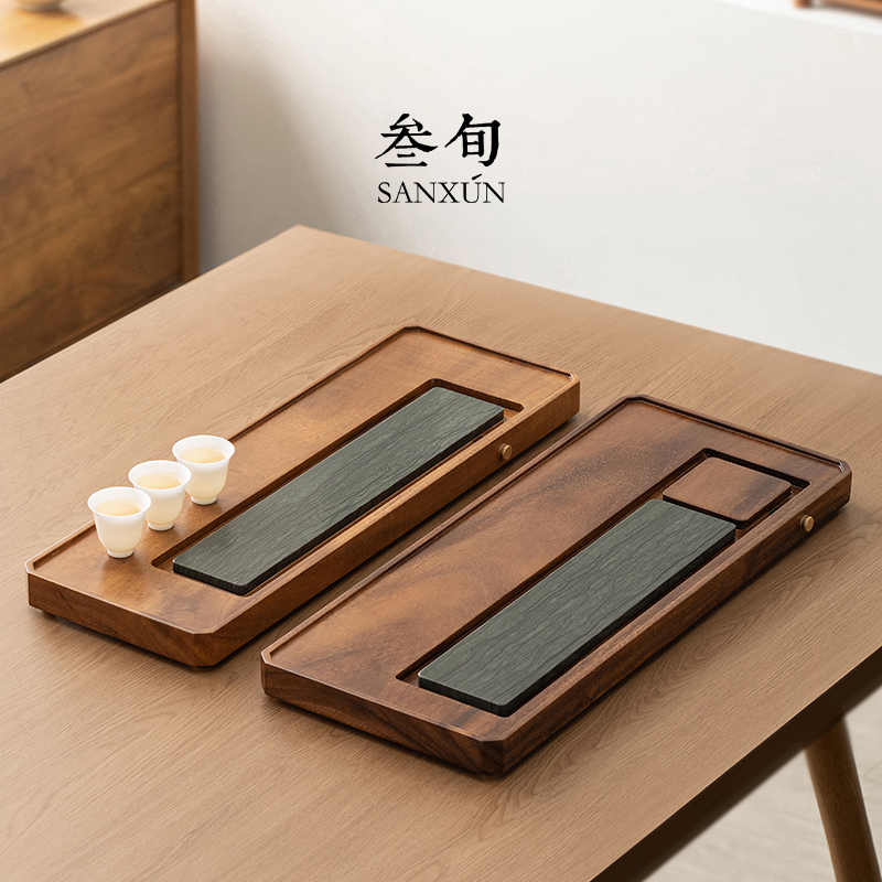 叁旬胡桃木乌金石茶盘家用排水式干泡茶台办公室高端长方形茶托盘