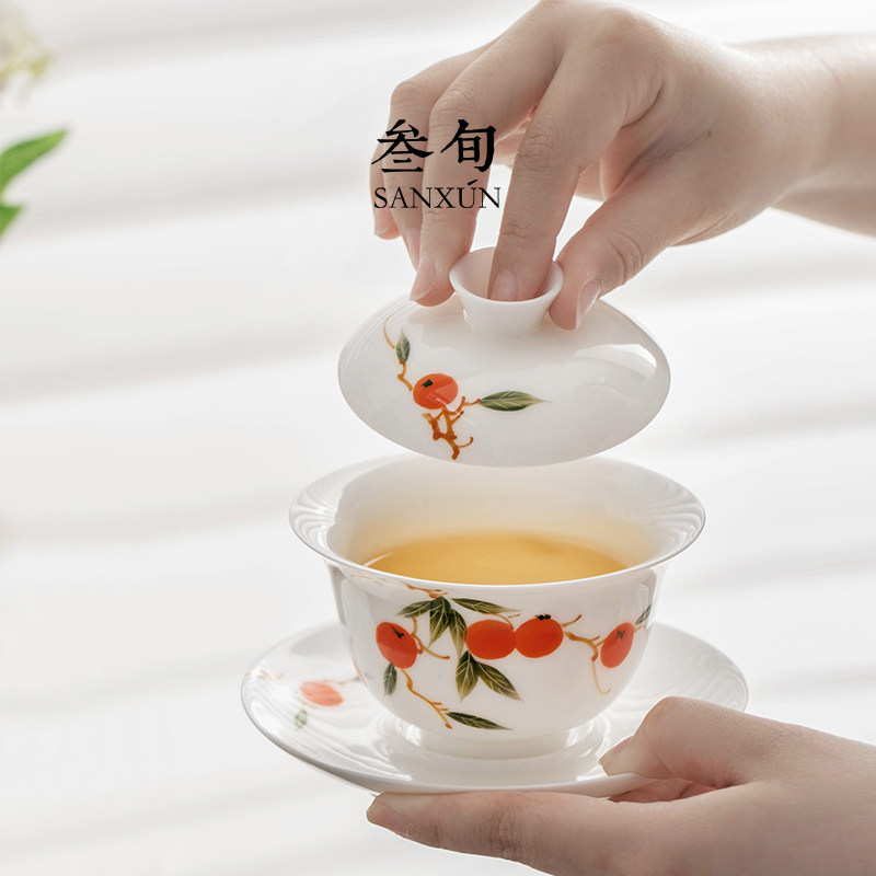 叁旬 手绘柿柿如意三才盖碗单个陶瓷家用功夫泡茶碗茶杯高档茶具