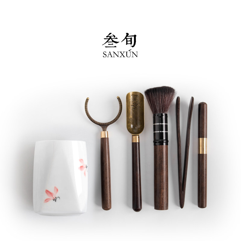 叁旬手绘粉兰茶道六君子套装黑檀木家用茶夹茶针高档功夫茶具配件,餐饮具,茶道/零配,淘宝优惠券,粉丝福利购,淘宝优惠卷