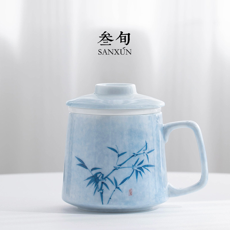 叁旬手绘青花竹影泡茶马克杯图片