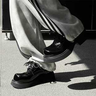 米奇休闲皮鞋男大头漆皮亮面厚底内增高个性女款德比鞋英伦风潮鞋