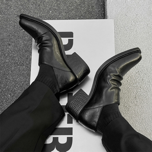 小众翘头巫师鞋男女同款褶皱皮个性小皮鞋水洗皮休闲通勤切尔西靴