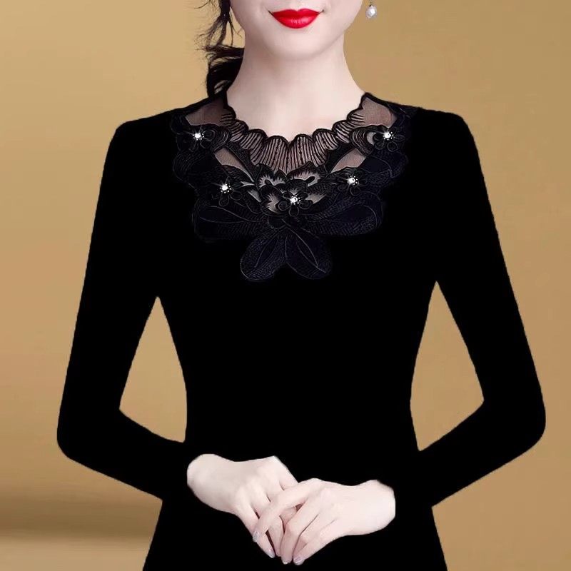 蕾丝打底衫女秋冬洋气2026新款长袖t恤加绒加厚保暖时尚内搭上衣